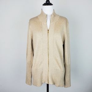 Calvin Klein Sweater Jacket Tan Zip Up Turtleneck Knit Spring Fall Neutral